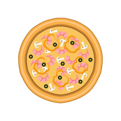 Freshly baked pizza with shrimps, mushrooms and olives, top view vector Illustration on a white background