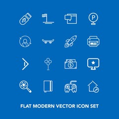 Modern, simple vector icon set on blue background with bubble, arrow, air, speech, ventilator, technology, page, right, blue, property, fan, cooler, search, sound, magnifying, road, money, car icons