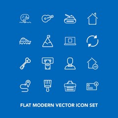 Modern, simple vector icon set on blue background with shop, army, bag, seafood, key, gun, brush, cash, map, money, door, navigation, store, male, sack, panzer, paintbrush, internet, property icons