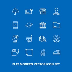 Fototapeta na wymiar Modern, simple vector icon set on blue background with hot, face, clothes, rain, business, mask, white, lamp, umbrella, stick, water, iron, office, money, home, trend, building, lady, sea, paper icons