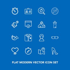 Modern, simple vector icon set on blue background with shirt, heart, direction, woman, timer, travel, shoe, style, female, fashion, watch, pin, love, person, human, map, tshirt, paint, jazz, sun icons