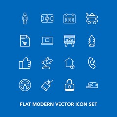Modern, simple vector icon set on blue background with mobile, fashion, boy, tag, telephone, laboratory, property, label, hat, security, football, unlock, sale, web, time, day, timetable, tool icons