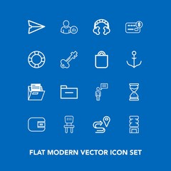 Modern, simple vector icon set on blue background with blank, navigation, email, finance, chair, road, purse, file, business, sand, message, cooler, hourglass, cold, container, headset, home icons