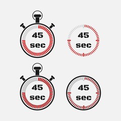 Timer 45 seconds on gray background . Stopwatch icon set. Timer icon. Time check. Seconds timer, seconds counter. Timing device.  Four options. EPS 10 vector.