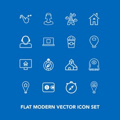 Modern, simple vector icon set on blue background with money, bugle, business, construction, house, cash, landmark, service, tower, avatar, estate, purse, human, france, trumpet, home, building icons