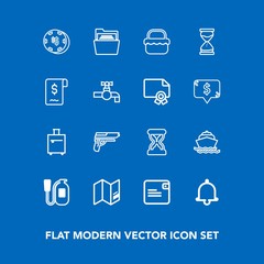 Modern, simple vector icon set on blue background with ocean, gambling, game, gun, time, notification, wallet, fire, world, bell, blank, luggage, danger, pistol, travel, map, dollar, equipment icons