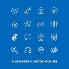Modern, simple vector icon set on blue background with account, audio, night, headphone, guitar, danger, equipment, white, building, music, bubble, announcement, moon, airport, travel, , star icons