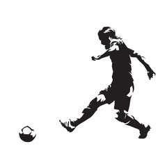 European football player shooting ball, soccer. Isolated vector silhouette