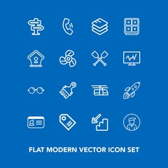 Modern, simple vector icon set on blue background with dont, name, home, down, science, internet, upstairs, document, business, rocket, telephone, launch, room, transportation, label, glasses,  icons