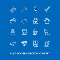 Modern, simple vector icon set on blue background with record, high, gramophone, vintage, barbecue, crystal, repair, train, transportation, satellite, railway, air, grill, laboratory, travel, id icons