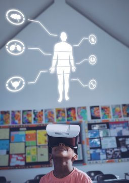 Human Body Chart education and boy with virtual reality headset