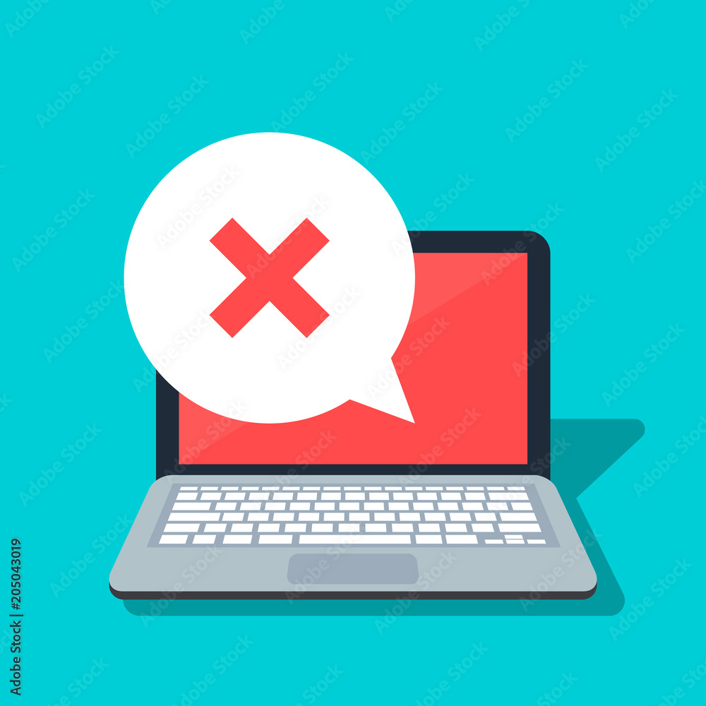 Poster speech bubble with cross on the laptop background. error or rejection icon. negative answer. flat ve