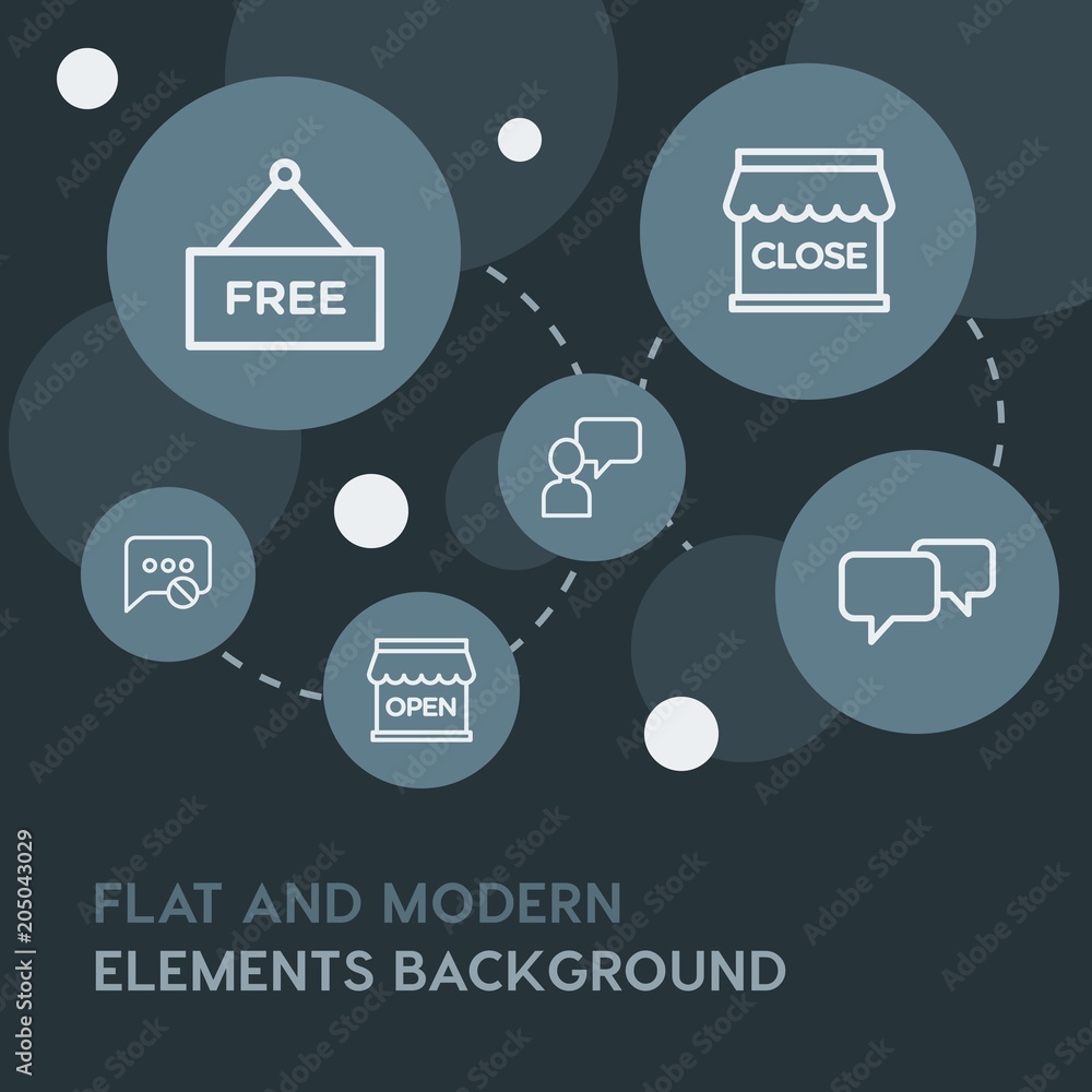 Poster chat and messenger, shopping outline vector icons and elements background with circle bubbles networ