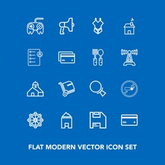Modern, simple vector icon set on blue background with wheel, magnifying, search, bag, technology, helm, ship, airport, rudder, loudspeaker, banking, announcement, loud, sign, web, computer, no icons