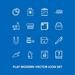 Modern, simple vector icon set on blue background with trash, waste, education, rubbish, science, book, garbage, box, hand, buy, chart, magnetic, transportation, sale, chessboard, field, fashion icons