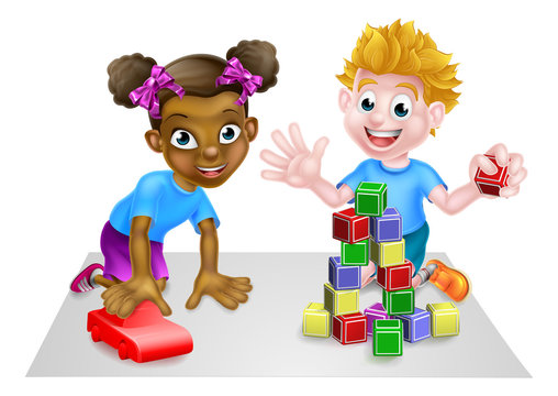 Cartoon Boy and Girl Playing with Car and Blocks