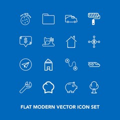 Modern, simple vector icon set on blue background with folder, bank, railway, web, nature, planet, transportation, tree, cook, space, food, internet, destination, technology, equipment, money icons