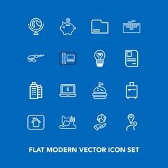 Modern, simple vector icon set on blue background with computer, technology, laptop, shipping, globe, sign, location, machine, coin, package, box, screen, bag, real, map, home, estate, craft icons