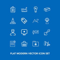 Modern, simple vector icon set on blue background with lock, security, computer, file, hairdresser, contract, professional, male, businessman, business, store, mobile, real, transportation, shop icons