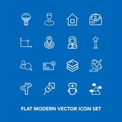 Modern, simple vector icon set on blue background with house, business, nature, sky, parachute, bag, arrow, parachuting, landscape, extreme, communication, human, festival, profile, mountain icons