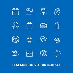 Modern, simple vector icon set on blue background with rain, winner, box, forest, cell, umbrella, ufo, telephone, web, nature, space, hot, tape, upload, gift, kitchen, insulating, protection icons