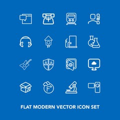 Modern, simple vector icon set on blue background with train, security, safety, fahrenheit, science, movie, railway, microscope, tripod, music, cloud, biology, cardboard, bubble, laboratory, box icons