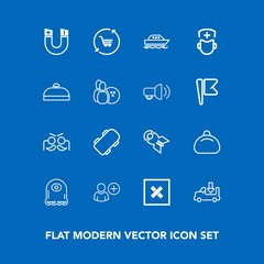 Modern, simple vector icon set on blue background with boat, weapon, nuclear, skate, shop, monster, style, board, bomb, trolley, party, falling, cart, sea, fashion, retail, carnival, water, user icons