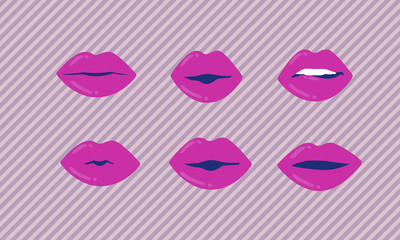 Woman lips with different expressions on desaturated  striped background