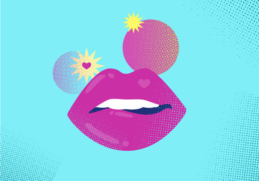 Colorful woman lips bite with stick out tongue on blue textured background