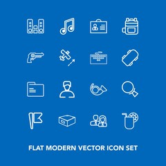 Modern, simple vector icon set on blue background with search, bag, play, jazz, flag, backpack, team, business, america, musical, rucksack, blank, profile, nation, juice, sound, worker, person icons
