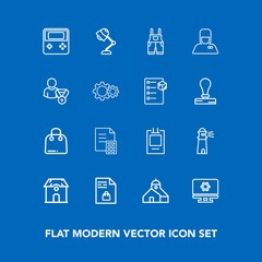 Modern, simple vector icon set on blue background with shopping, uniform, retail, clothing, light, computer, service, sale, badge, building, banking, work, business, button, label, hospitality icons