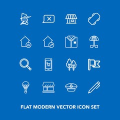 Modern, simple vector icon set on blue background with jump, nation, forest, environment, cooking, sailor, white, write, education, landscape, closed, house, building, flag, parachuting, shop icons
