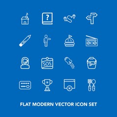 Modern, simple vector icon set on blue background with fork, space, travel, call, center, money, kitchen, winner, spaceship, pen, office, championship, handle, page, competition, house, rocket icons