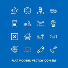 Modern, simple vector icon set on blue background with lamp, home, knife, boxing, music, web, business, baggage, string, kitchen, interior, sign, house, can, closed, estate, sack, airport, sport icons