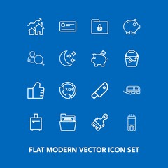 Modern, simple vector icon set on blue background with travel, room, meat, white, trip, payment, file, home, safety, bus, money, transport, vehicle, paint, cut, paintbrush, luggage, service, web icons
