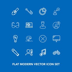 Modern, simple vector icon set on blue background with web, hook, fishing, transportation, location, baseball, office, wood, sound, computer, white, laptop, fish, equipment, note, phone, map, pc icons