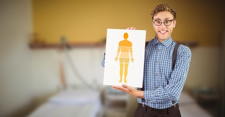 Human Body diagram sections and man holding card