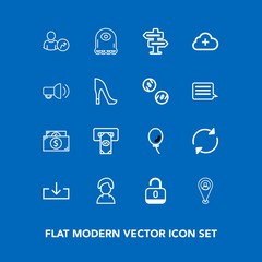 Modern, simple vector icon set on blue background with cloud, lock, female, finance, cartoon, reload, room, account, holiday, doorknob, location, door, megaphone, alien, machine, character, pin icons