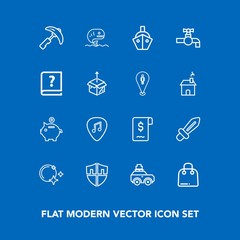 Modern, simple vector icon set on blue background with crane, white, bank, transport, luggage, protection, sky, travel, sink, boat, fish, buy, construction, sign, paper, shield, weapon, money icons