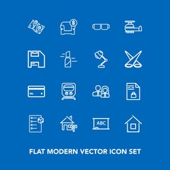 Modern, simple vector icon set on blue background with furniture, architecture, supermarket, railway, fashion, checklist, team, background, staff, home, rent, people, box, sun, property, banking icons