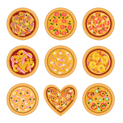 Flat vector set of tasty pizza with different ingredients. Delicious fast food. Traditional Italian dish