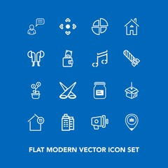 Modern, simple vector icon set on blue background with pie, headset, job, chat, house, growth, container, money, arrow, investment, music, aluminum, tin, megaphone, announcement, location, can icons