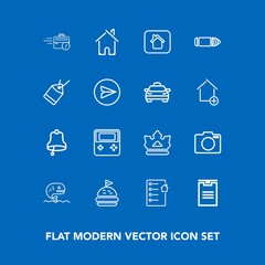 Modern, simple vector icon set on blue background with lens, office, ring, box, building, horizontal, equipment, gun, royal, sea, tomato, sandwich, king, alarm, weapon, bell, photo, web, package icons