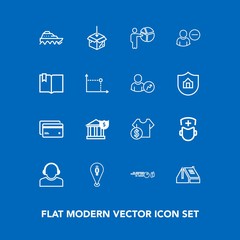 Modern, simple vector icon set on blue background with medicine, center, people, hobby, water, sale, pin, meeting, service, debit, businessman, boat, map, sea, window, shop, transport, location icons