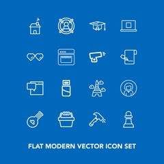 Modern, simple vector icon set on blue background with music, string, building, girl, customer, equipment, eiffel, bubble, message, paris, young, tower, face, lady, strategy, horse, speech, home icons