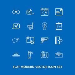 Modern, simple vector icon set on blue background with work, web, keyboard, friction, door, head, exit, wireless, exercise, gun, tag, computer, cap, workout, fitness, escape, washer, lighthouse icons