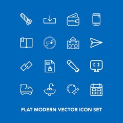 Modern, simple vector icon set on blue background with purse, link, danger, roller, bathroom, shopping, sink, white, market, baseball, hyperlink, list, download, star, leisure, tap, laptop, sky icons