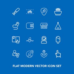 Modern, simple vector icon set on blue background with weapon, music, bike, musical, click, anchor, guitar, profile, cycle, nautical, money, ice, ship, account, sweet, falling, sea, open, button icons