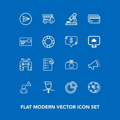 Modern, simple vector icon set on blue background with tipper, competition, casino, message, voice, winner, dump, loudspeaker, speaker, quad, package, dumper, business, dirt, sound, box, success icons