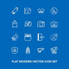Modern, simple vector icon set on blue background with underwater, sport, finance, file, gramophone, summer, accounting, protect, garbage, retro, protection, home, lamp, waste, box, exit, folder icons
